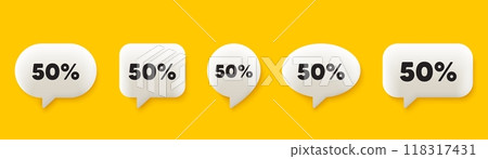 50 percent off sale tag. 3d chat speech bubbles set. Discount offer price sign. Special offer symbol. Discount talk speech message. Talk box infographics. Vector 50 percent off sale tag. 3d chat speech bubbles set. Discount offer price sign. Special offer symbol. Discount talk speech message. Talk box infographics. Vector 118317431
