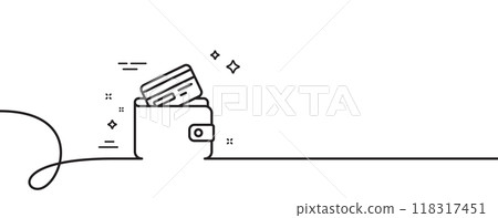 Wallet with Credit card line icon. Continuous one line with curl. Cash money sign. Payment method symbol. Debit card single outline ribbon. Loop curve pattern. Vector Wallet with Credit card line icon. Continuous one line with curl. Cash money sign. Payment method symbol. Debit card single outline ribbon. Loop curve pattern. Vector 118317451