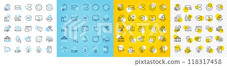 Vector icons set of Tax document, Teamwork and Notification cart line icons pack for web with Inspect, 24h service, Hot loan outline icon. Calendar time, Loyalty program, Deflation pictogram. Vector Vector icons set of Tax document, Teamwork and Notification cart line icons pack for web with Inspect, 24h service, Hot loan outline icon. Calendar time, Loyalty program, Deflation pictogram. Vector 118317458