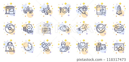 Outline set of Approved teamwork, Time and Vinyl record line icons for web app. Include Market, Organic tested, Money pictogram icons. Person idea, Food, Wallet signs. Circles with 3d stars. Vector Outline set of Approved teamwork, Time and Vinyl record line icons for web app. Include Market, Organic tested, Money pictogram icons. Person idea, Food, Wallet signs. Circles with 3d stars. Vector 118317473