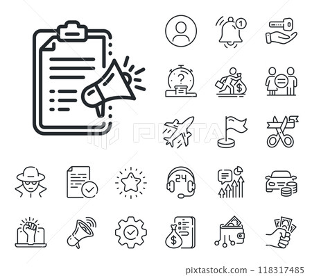 Advertisement device symbol. Salaryman, gender equality and alert bell outline icons. Megaphone checklist line icon. Brand ambassador sign. Megaphone checklist line sign. Vector 118317485