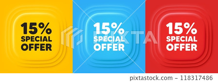 15 percent discount offer tag. Neumorphic offer banners. Sale price promo sign. Special offer symbol. Discount podium background. Product infographics. Vector 118317486