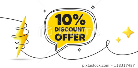 10 percent discount tag. Continuous line art banner. Sale offer price sign. Special offer symbol. Discount speech bubble background. Wrapped 3d energy icon. Vector 118317487