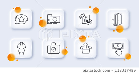 Technical algorithm, Favorite chat and Carry-on baggage line icons pack. 3d glass buttons with blurred circles. Foreman, Payment click, Send box web icon. Recovery computer, Door pictogram. Vector 118317489