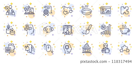 Outline set of Aroma candle, Paint brush and Food order line icons for web app. Include Online chemistry, Certificate, Messages pictogram icons. Stars, 5g wifi, Puzzle signs. Frying pan. Vector Outline set of Aroma candle, Paint brush and Food order line icons for web app. Include Online chemistry, Certificate, Messages pictogram icons. Stars, 5g wifi, Puzzle signs. Frying pan. Vector 118317494