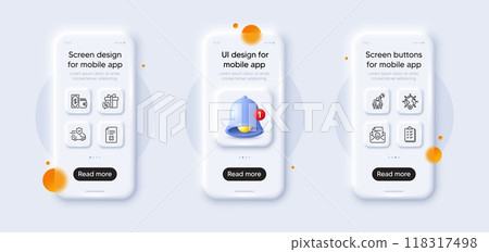 Wallet money, Checklist and Video conference line icons pack. 3d phone mockups with bell alert. Glass smartphone screen. Reject file, Smile, Brand ambassador web icon. Vector 118317498
