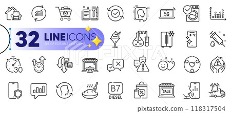 Outline set of Diesel, Smile and Head line icons for web with Remove purchase, Reject, Online market thin icon. Face id, Medical syringe, Voicemail pictogram icon. Smartphone clean. Vector 118317504