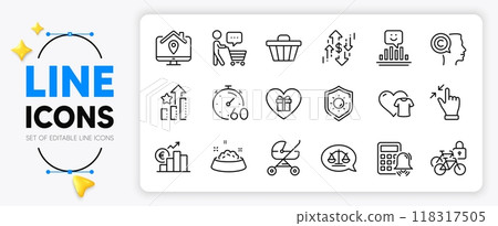 Sun protection, Baby carriage and Buyer think line icons set for app include Touchscreen gesture, Romantic gift, Bicycle lockers outline thin icon. Euro rate, Calculator alarm. Vector 118317505