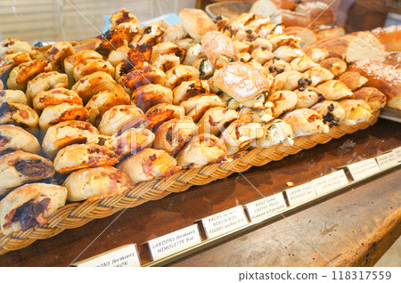 Many products on display at a bakery 118317559