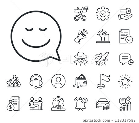 Chat emotion sign. Salaryman, gender equality and alert bell outline icons. Comic speech bubble with Smile line icon. Smile line sign. Spy or profile placeholder icon. Online support, strike. Vector 118317582