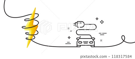 Car charge line icon. Continuous one line with curl. Vehicle charging plug sign. Electric power symbol. Car charge single outline ribbon. Loop curve with energy. Vector Car charge line icon. Continuous one line with curl. Vehicle charging plug sign. Electric power symbol. Car charge single outline ribbon. Loop curve with energy. Vector 118317584