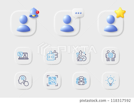 Select user, Qr code and Light bulb line icons. Placeholder with 3d star, reminder bell, chat. Pack of Women group, Online loan, Difficult stress icon. Employees teamwork, Puzzle pictogram. Vector 118317592