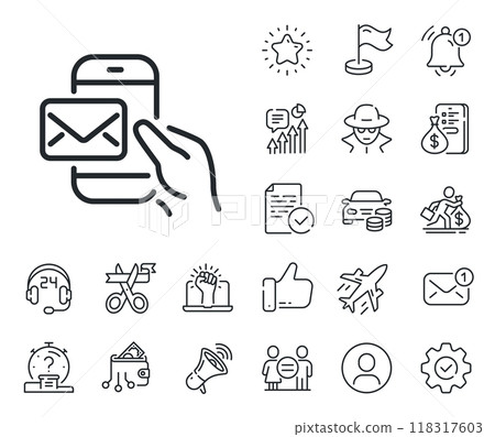 New newsletter sign. Salaryman, gender equality and alert bell outline icons. Messenger Mail line icon. Phone E-mail symbol. Messenger Mail line sign. Spy or profile placeholder icon. Vector New newsletter sign. Salaryman, gender equality and alert bell outline icons. Messenger Mail line icon. Phone E-mail symbol. Messenger Mail line sign. Spy or profile placeholder icon. Vector 118317603
