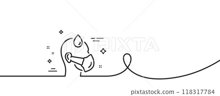 Sick man with medical mask line icon. Continuous one line with curl. Safety respiratory mask sign. Coronavirus face protection symbol. Sick man single outline ribbon. Loop curve pattern. Vector 118317784