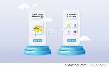 Coming soon transition bubble. Phone mockup on podium. Product offer 3d pedestal. Cartoon face character chat message. Yellow flow banner icon. Background with 3d clouds. Vector 118317786
