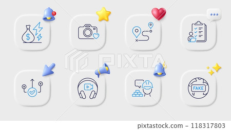 Build, Checklist and Fake news line icons. Buttons with 3d bell, chat speech, cursor. Pack of Journey, Correct way, Photo camera icon. Headphones, Electricity price pictogram. Vector Build, Checklist and Fake news line icons. Buttons with 3d bell, chat speech, cursor. Pack of Journey, Correct way, Photo camera icon. Headphones, Electricity price pictogram. Vector 118317803