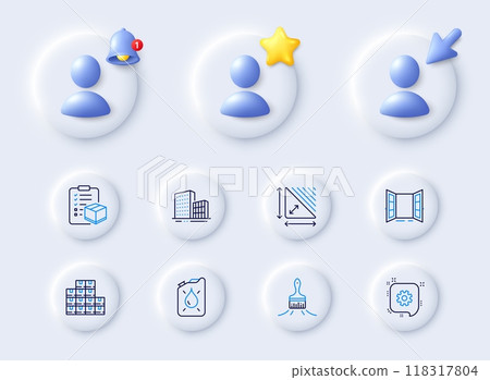Cogwheel, Brush and Parcel checklist line icons. Placeholder with 3d cursor, bell, star. Pack of Open door, Wholesale inventory, Canister icon. Triangle area, Buildings pictogram. Vector Cogwheel, Brush and Parcel checklist line icons. Placeholder with 3d cursor, bell, star. Pack of Open door, Wholesale inventory, Canister icon. Triangle area, Buildings pictogram. Vector 118317804