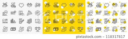 Outline Shields, Payment and Augmented reality line icons pack for web with Pizza, Checkbox, Seo statistics line icon. Cashback, Coins, Inventory pictogram icon. Puzzle, Chess, Online voting. Vector 118317817