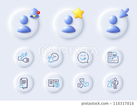Search file, Search employee and Help line icons. Placeholder with 3d cursor, bell, star. Pack of Chat messages, Electricity plug, Yummy smile icon. Cyber attack, Alarm clock pictogram. Vector 118317818