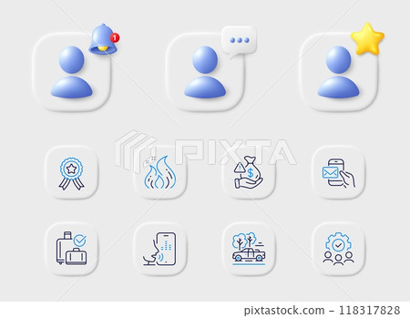 Bribe, Winner ribbon and Fire energy line icons. Placeholder with 3d star, reminder bell, chat. Pack of Pickup, Messenger mail, Baggage reclaim icon. Voicemail, Teamwork pictogram. Vector 118317828