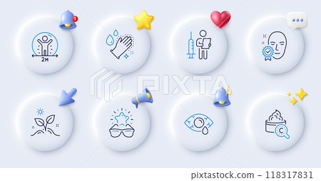 Face verified, Grow plant and Vaccination announcement line icons. Buttons with 3d bell, chat speech, cursor. Pack of Social distance, Washing hands, Conjunctivitis eye icon. Vector Face verified, Grow plant and Vaccination announcement line icons. Buttons with 3d bell, chat speech, cursor. Pack of Social distance, Washing hands, Conjunctivitis eye icon. Vector 118317831