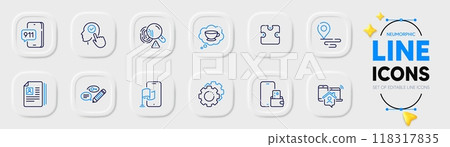 Emergency call, Settings gears and Cv documents line icons for web app. Pack of Puzzle, Coffee cup, Place pictogram icons. Phone wallet, Location app, Fingerprint signs. Select user. Vector 118317835