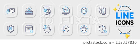 Settings blueprint, Delivery time and Healthcare calendar line icons for web app. Pack of Cyber attack, Face biometrics, Bitcoin coin pictogram icons. Happy emotion, International globe. Vector 118317836