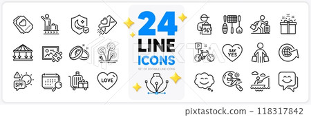 Icons set of Calendar, Love ticket and Travel delay line icons pack for app with Say yes, Baggage cart, Fireworks thin outline icon. Guard, Buyer, Boat fishing pictogram. Grill tools. Vector Icons set of Calendar, Love ticket and Travel delay line icons pack for app with Say yes, Baggage cart, Fireworks thin outline icon. Guard, Buyer, Boat fishing pictogram. Grill tools. Vector 118317842