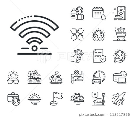 Wireless internet sign. Plane jet, travel map and baggage claim outline icons. Wifi line icon. Hotel service symbol. Wifi line sign. Car rental, taxi transport icon. Place location. Vector Wireless internet sign. Plane jet, travel map and baggage claim outline icons. Wifi line icon. Hotel service symbol. Wifi line sign. Car rental, taxi transport icon. Place location. Vector 118317856