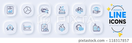 Delivery report, Column diagram and Business targeting line icons for web app. Pack of Budget, Baggage, Cardio training pictogram icons. Mattress, Search car, Bike signs. Dice. Vector Delivery report, Column diagram and Business targeting line icons for web app. Pack of Budget, Baggage, Cardio training pictogram icons. Mattress, Search car, Bike signs. Dice. Vector 118317857