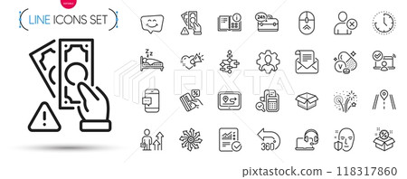 Pack of Credit card, Vanadium mineral and Versatile line icons. Include Bribe, Face protection, Open box pictogram icons. Love message, 24h service, Smartphone message signs. Vector Pack of Credit card, Vanadium mineral and Versatile line icons. Include Bribe, Face protection, Open box pictogram icons. Love message, 24h service, Smartphone message signs. Vector 118317860