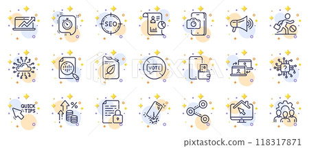 Outline set of Analytics chart, Phone photo and Work home line icons for web app. Include Smartphone broken, Cloud network, Report pictogram icons. Team work, Quick tips, Inflation signs. Vector Outline set of Analytics chart, Phone photo and Work home line icons for web app. Include Smartphone broken, Cloud network, Report pictogram icons. Team work, Quick tips, Inflation signs. Vector 118317871
