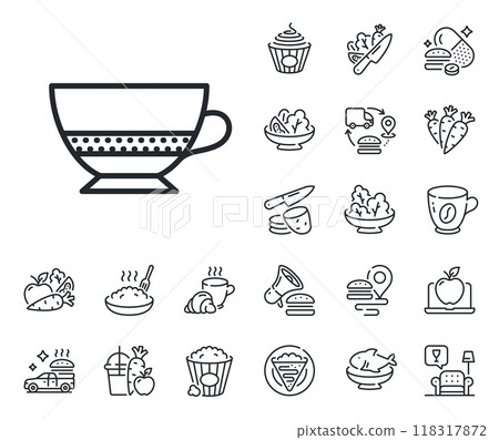 Hot drink sign. Crepe, sweet popcorn and salad outline icons. Bombon coffee icon. Beverage symbol. Bombon coffee line sign. Pasta spaghetti, fresh juice icon. Supply chain. Vector Hot drink sign. Crepe, sweet popcorn and salad outline icons. Bombon coffee icon. Beverage symbol. Bombon coffee line sign. Pasta spaghetti, fresh juice icon. Supply chain. Vector 118317872