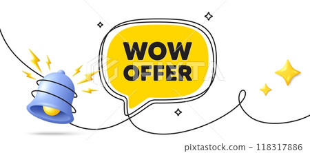 Wow offer tag. Continuous line art banner. Special Sale price sign. Advertising Discounts symbol. Wow offer speech bubble background. Wrapped 3d bell icon. Vector 118317886