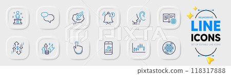 Chat message, Copyright chat and Reminder line icons for web app. Pack of Cable section, Dollar rate, Hand click pictogram icons. Smartphone statistics, Internet book, Energy inflation signs. Vector Chat message, Copyright chat and Reminder line icons for web app. Pack of Cable section, Dollar rate, Hand click pictogram icons. Smartphone statistics, Internet book, Energy inflation signs. Vector 118317888