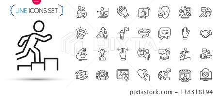 Pack of Helping hand, Dating chat and User notification line icons. Include Cyber attack, Like, Leader run pictogram icons. Leadership, Patient, Multitasking gesture signs. Vector Pack of Helping hand, Dating chat and User notification line icons. Include Cyber attack, Like, Leader run pictogram icons. Leadership, Patient, Multitasking gesture signs. Vector 118318194
