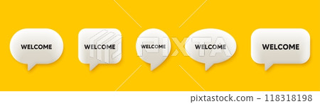 Welcome tag. 3d chat speech bubbles set. Wedding invitation offer. Hello or thank you message. Welcome talk speech message. Talk box infographics. Vector Welcome tag. 3d chat speech bubbles set. Wedding invitation offer. Hello or thank you message. Welcome talk speech message. Talk box infographics. Vector 118318198