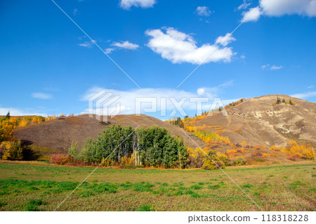 Landscape of badlands with hills and trees, dry grass in autumn prairies, blue sky with clouds above. Dunvegan provincial park, Alberta, Canada. 118318228