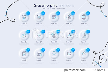 Set of Downloading, Alarm sound and Seo idea line icons for web app. Table lamp, Money currency, Edit document icons. Website search, Building, Loan percent signs. Phone calendar. Vector 118318241