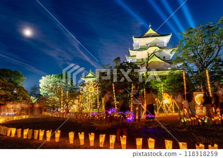Iga City, Mie Prefecture: Lights lined up around the castle tower and Honmaru during the summer light-up event at Iga Ueno Castle Iga City, Mie Prefecture: Lights lined up around the castle tower and Honmaru during the summer light-up event at Iga Ueno Castle 118318259