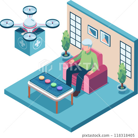 Isometric Drone Delivering Medical Supplies to Patient at Home Isometric Drone Delivering Medical Supplies to Patient at Home 118318405