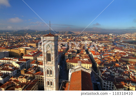 View of Giotto's bell tower and the historic district from the cupola of the Duomo, a World Heritage Site in Florence, Tuscany, Italy 118318410