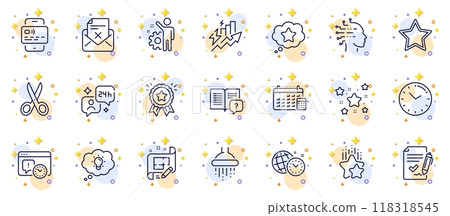 Outline set of Instruction manual, Consumption growth and Time management line icons for web app. Include Stars, Cut, Project deadline pictogram icons. Shower, Card, Ranking stars signs. Vector 118318545