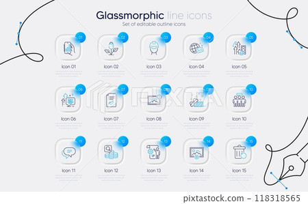 Set of Add photo, Foreman and Stress grows line icons for web app. World mail, Settings blueprint, Analysis app icons. Inspect, Recovery trash, Start presentation signs. Employees group. Vector 118318565