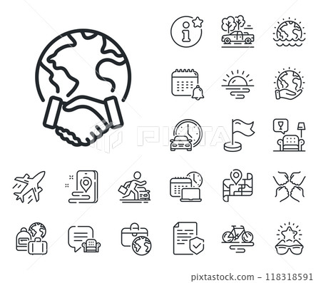 International outsourcing sign. Plane jet, travel map and baggage claim outline icons. Global business line icon. Internet marketing symbol. Global business line sign. Vector International outsourcing sign. Plane jet, travel map and baggage claim outline icons. Global business line icon. Internet marketing symbol. Global business line sign. Vector 118318591