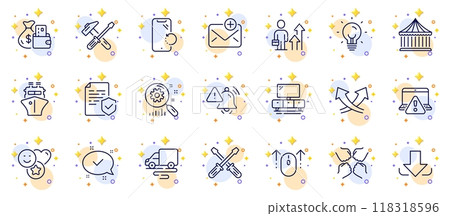 Outline set of Download, New mail and Ship line icons for web app. Include Hammer tool, Swipe up, Attention bell pictogram icons. Intersection arrows, Online warning, Delivery route signs. Vector Outline set of Download, New mail and Ship line icons for web app. Include Hammer tool, Swipe up, Attention bell pictogram icons. Intersection arrows, Online warning, Delivery route signs. Vector 118318596