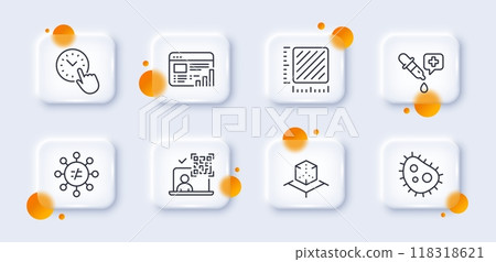 Square meter, Augmented reality and Bacteria line icons pack. 3d glass buttons with blurred circles. Qr code, Discrimination, Web report web icon. Chemistry pipette, Time management pictogram. Vector 118318621
