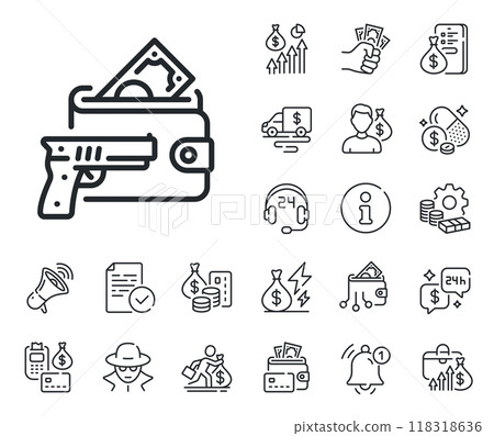 Money fraud crime sign. Cash money, loan and mortgage outline icons. Armed robbery line icon. Thief with gun steal cash symbol. Armed robbery line sign. Credit card, crypto wallet icon. Vector Money fraud crime sign. Cash money, loan and mortgage outline icons. Armed robbery line icon. Thief with gun steal cash symbol. Armed robbery line sign. Credit card, crypto wallet icon. Vector 118318636