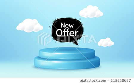 New offer bubble banner. Winner podium 3d base. Product offer pedestal. Arrival black sticker. Offer label icon. New offer promotion message. Background with 3d clouds. Vector New offer bubble banner. Winner podium 3d base. Product offer pedestal. Arrival black sticker. Offer label icon. New offer promotion message. Background with 3d clouds. Vector 118318637