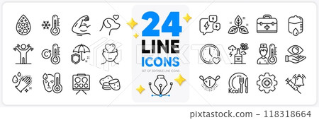 Icons set of Washing hands, Potato and Fair trade line icons pack for app with Umbrella, Artificial colors, First aid thin outline icon. Pets care, Thermometer, Health eye pictogram. Vector 118318664